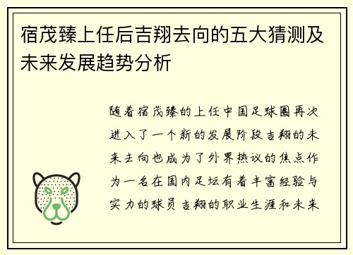 宿茂臻上任后吉翔去向的五大猜测及未来发展趋势分析